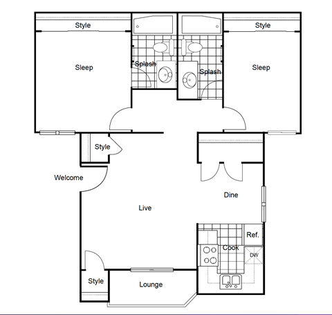 Floor plan for 2 beds, 2 baths, 830 sqft